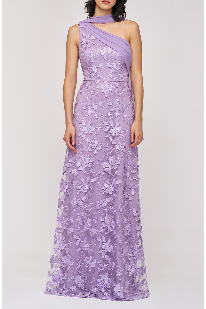 Nola Embroidered Floral Scarf Detail One-Shoulder Gown, Main, color, LILAC