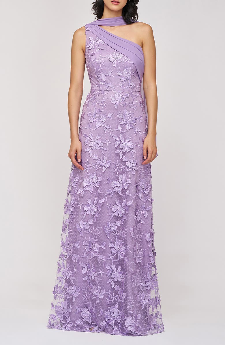 JS Collections Nola Embroidered Floral Scarf Detail One-Shoulder Gown, Main, color, Lilac