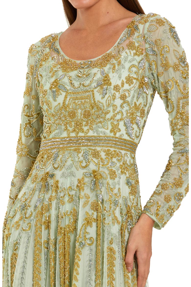 Beaded Mesh Long Sleeve Scoop Neck A Line Gown, Alternate, color, Light Sage