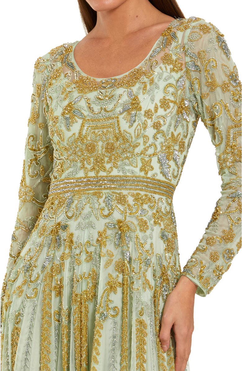 Mac Duggal Beaded Mesh Long Sleeve Scoop Neck A Line Gown, Alternate, color, Light Sage
