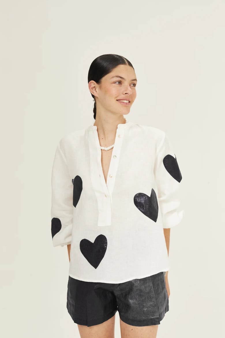 Cupid Linen Shirt with Metallic Hearts, Alternate, color, Off-White
