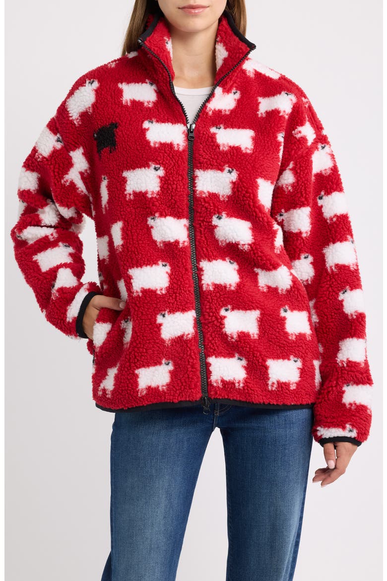 Sheep Printed High Pile Fleece Full Zip Sweatshirt, Alternate, color, DIANA RED