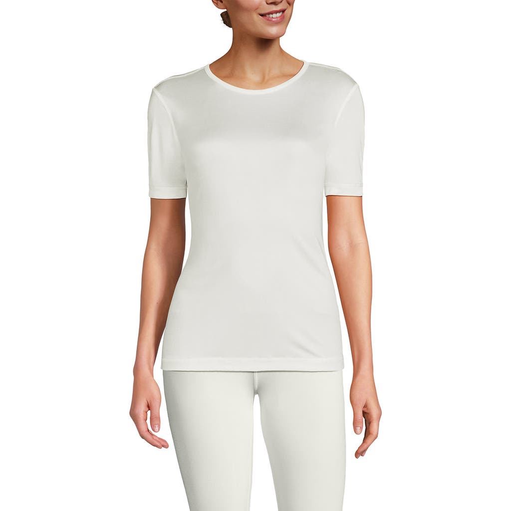 Lands' End Womens' Silk Interlock Short Sleeve Crewneck Long Underwear Thermal Baselayer Top In White