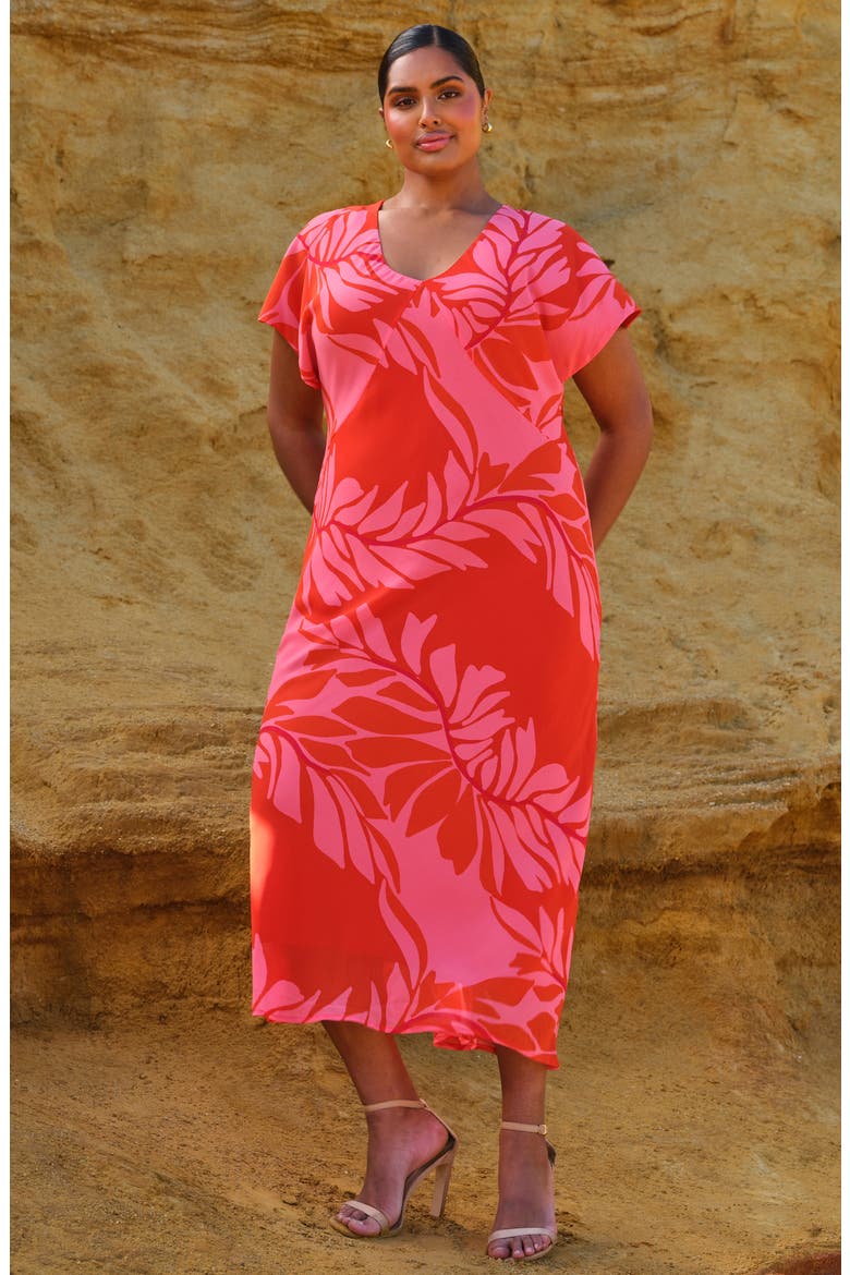 Leyla Leaf Print Sheath Midi Dress, Alternate, color, PEONY ROUGE