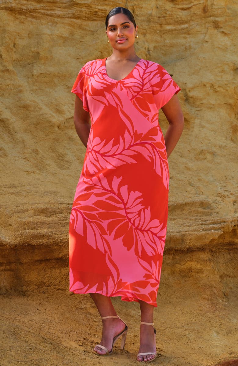 Estelle Leyla Leaf Print Sheath Midi Dress, Alternate, color, Peony Rouge