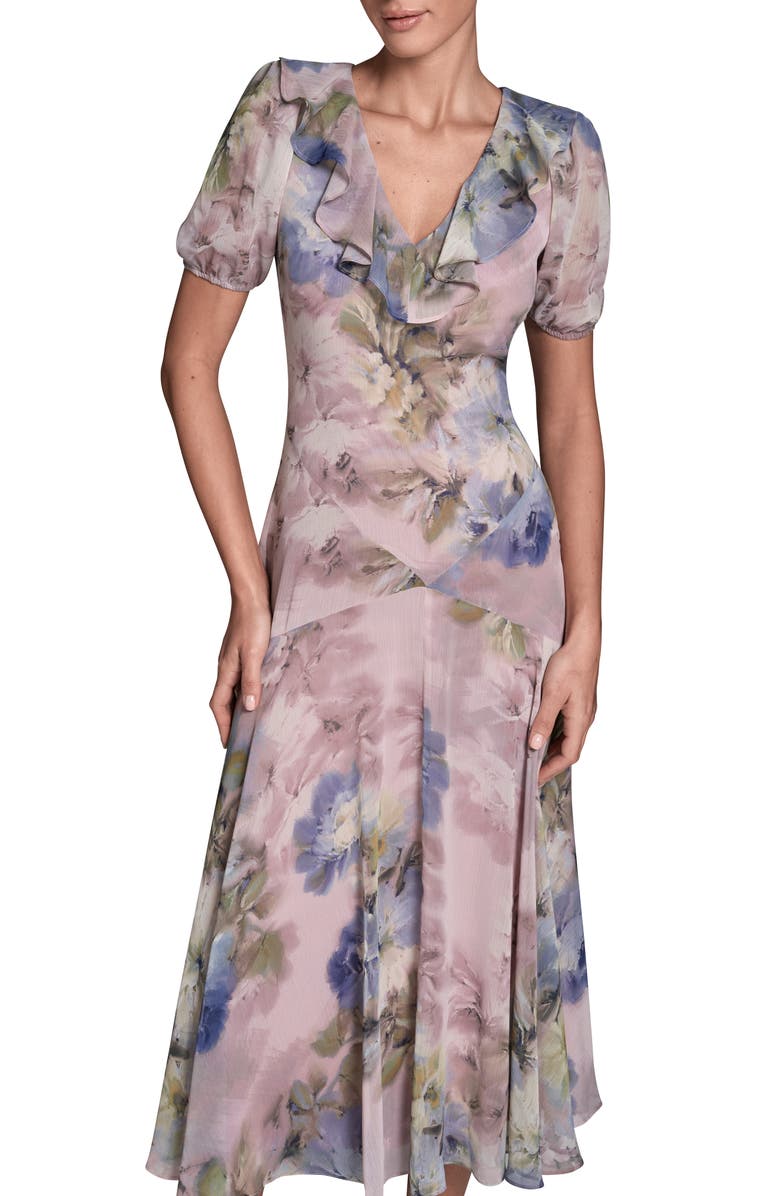 BCBG Floral Open Back Ruffle Midi Dress, Alternate, color, Lilac/ Sapphire Blue Multi