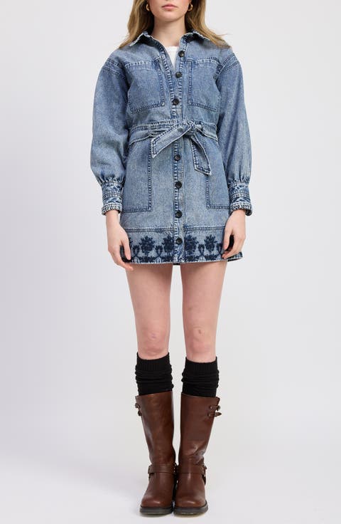 Elodie Embroidered Long Sleeve Denim Minidress