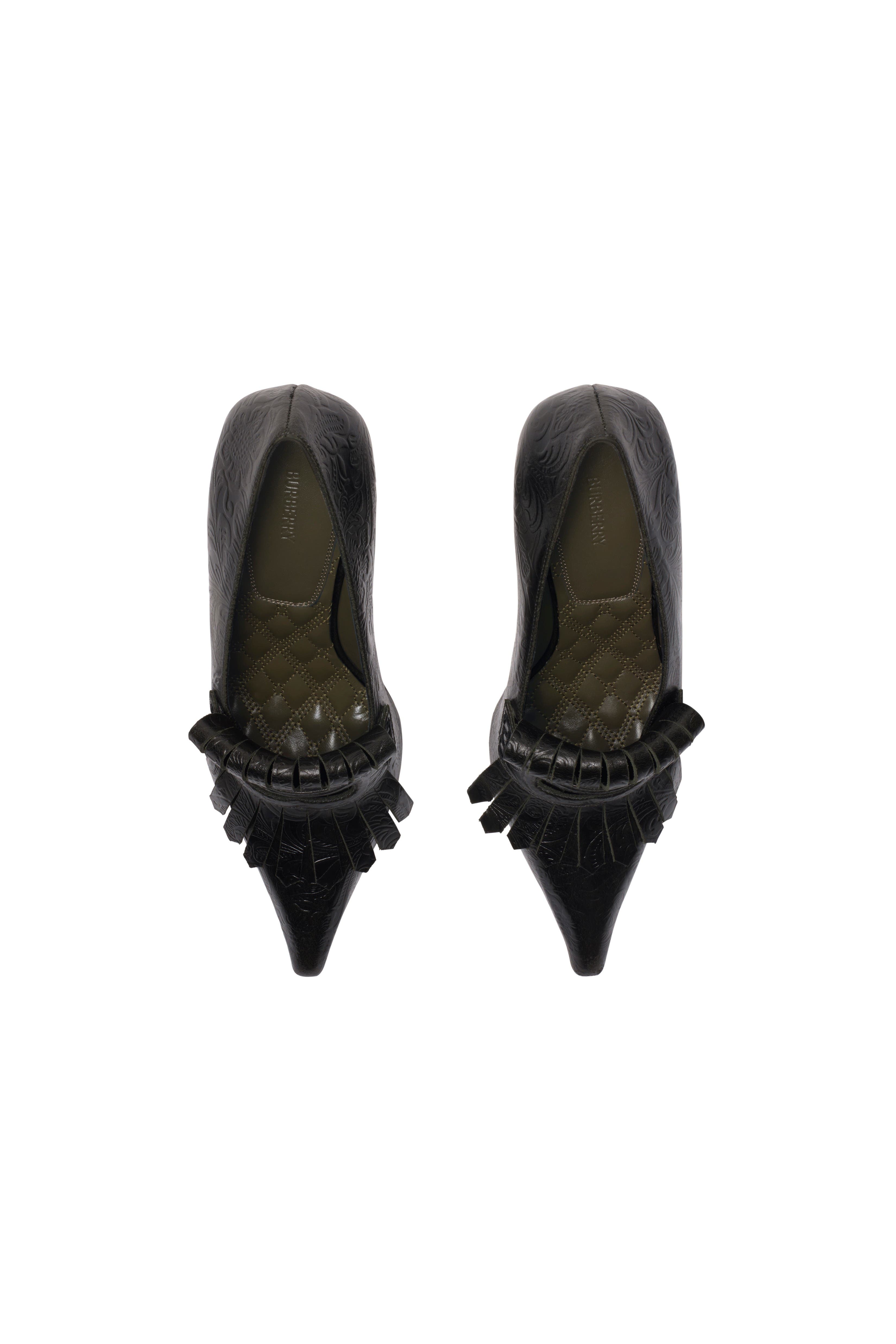 Burberry Embossed Cameo Fringe Pumps, Alternate, color, Moat Green