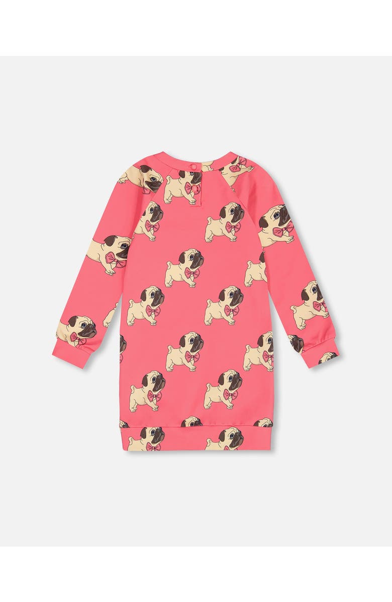 Deux par Deux Little Girl's Long Sleeve Fleece Dress With Pocket Magenta Printed Pug, Alternate, color,