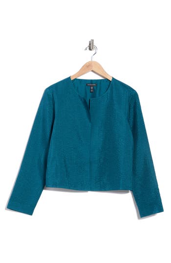 Eileen Fisher Round Neck Quilted Silk Jacket In Blue