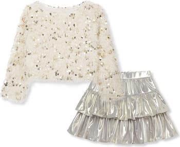 Peek Aren t You Curious Kids Ruffle Sequin Top Metallic Tiered Skirt Set Nordstrom