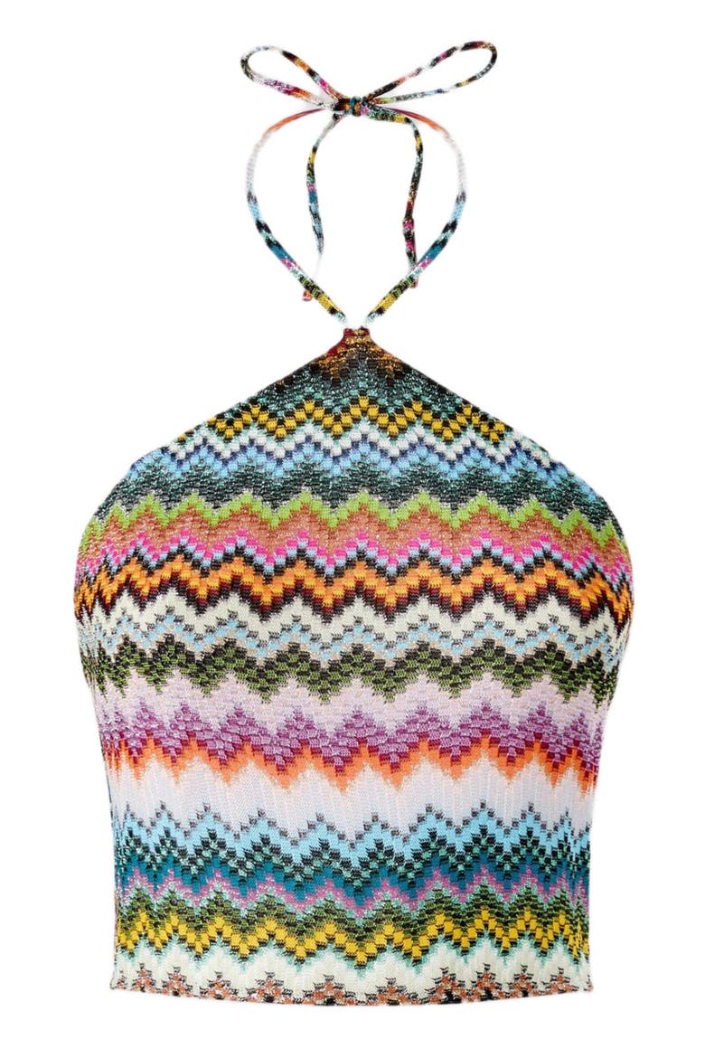 Top In Lamé Viscose With Pixel-effect Zigzag Pattern And Halter Neckline, Alternate, color, Black & Multicoloured