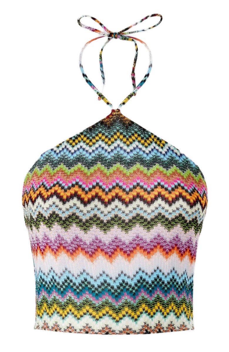 Missoni Top In Lamé Viscose With Pixel-effect Zigzag Pattern And Halter Neckline, Alternate, color, Black & Multicoloured