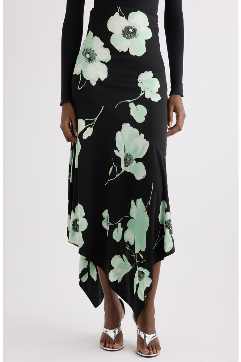 Floral High Waist Asymmetric Jersey Skirt, Main, color, NOIR/ AQUA