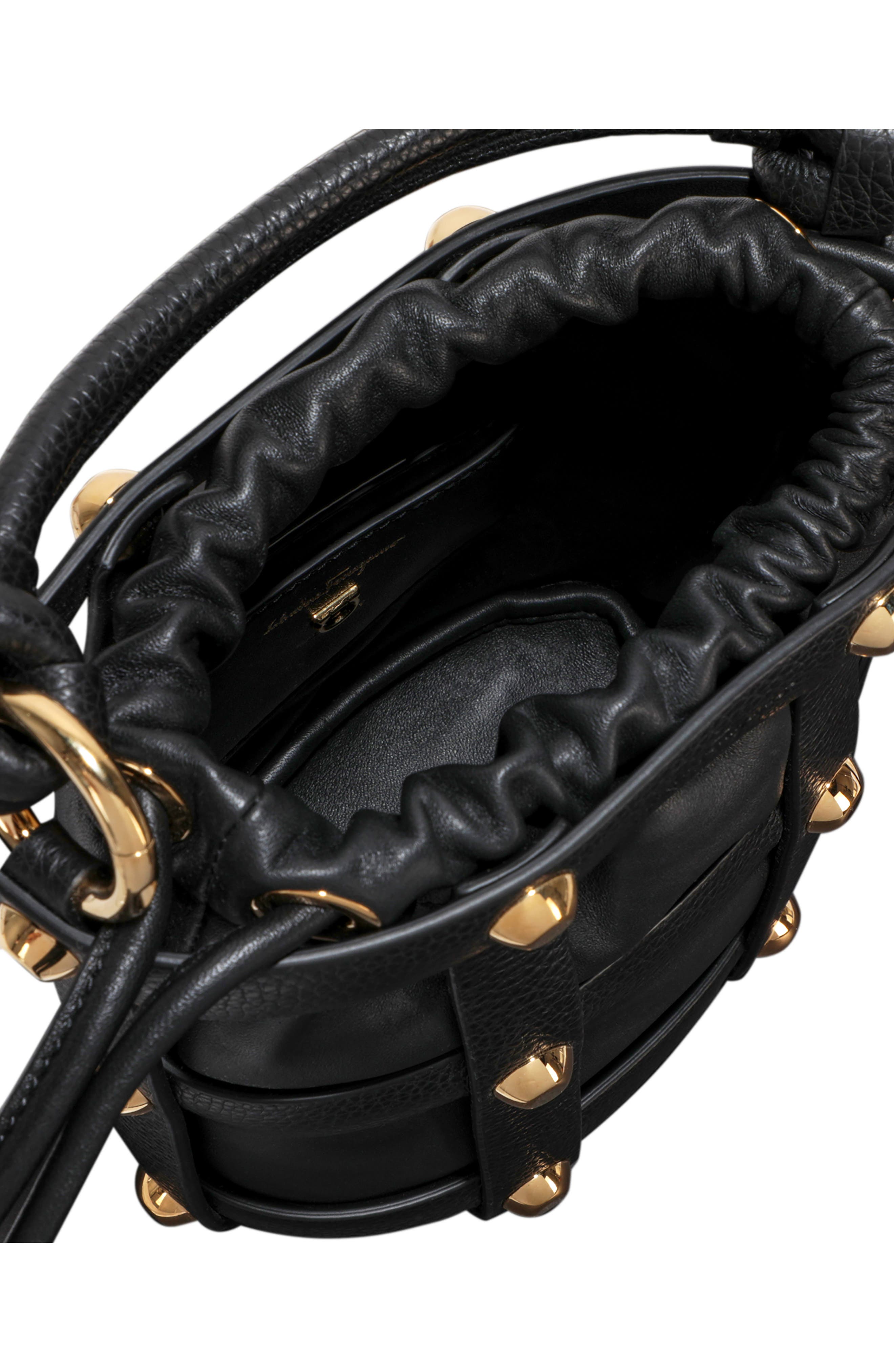 FERRAGAMO Drawstring Leather Shoulder Bag, Alternate, color, Black