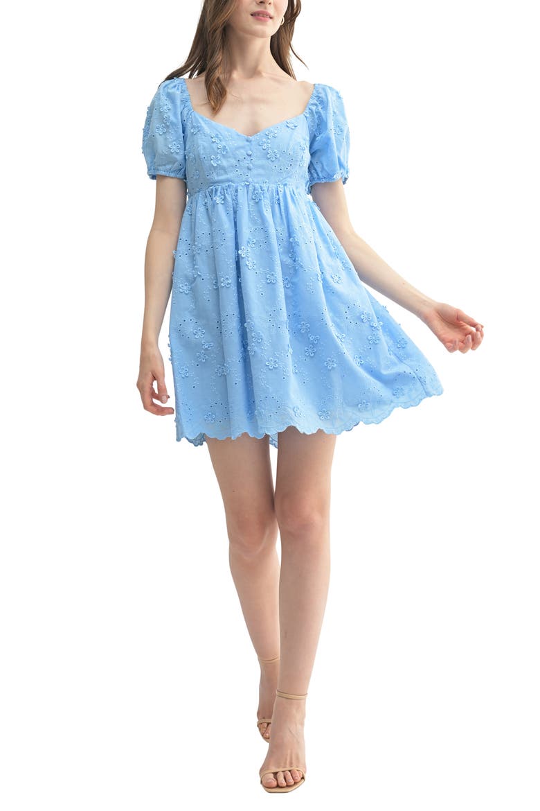 Floral Appliqué Puff Sleeve Minidress, Main, color, BLUE