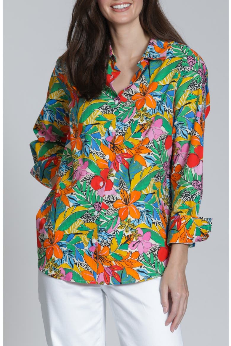 Print Cotton Button-Up Shirt, Main, color, PINKORANGE MULTI