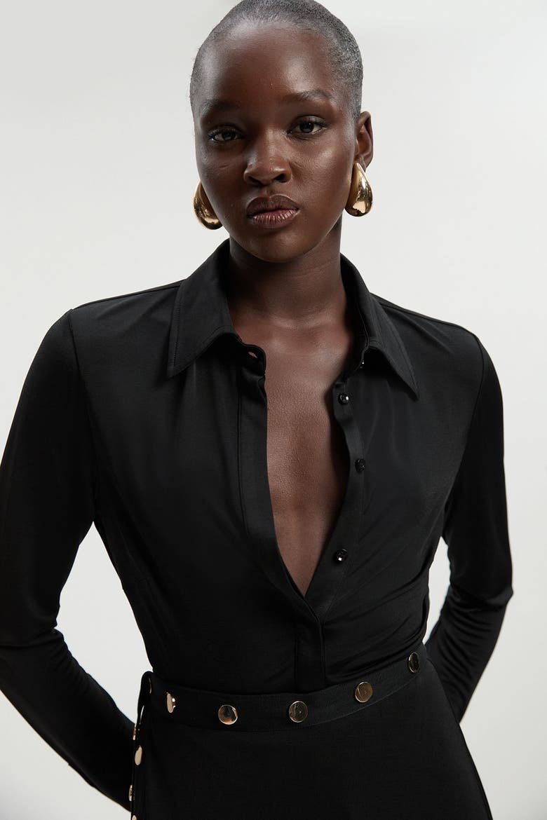 Petite Drapey Crepe Slim Collared Shirt, Alternate, color, Black
