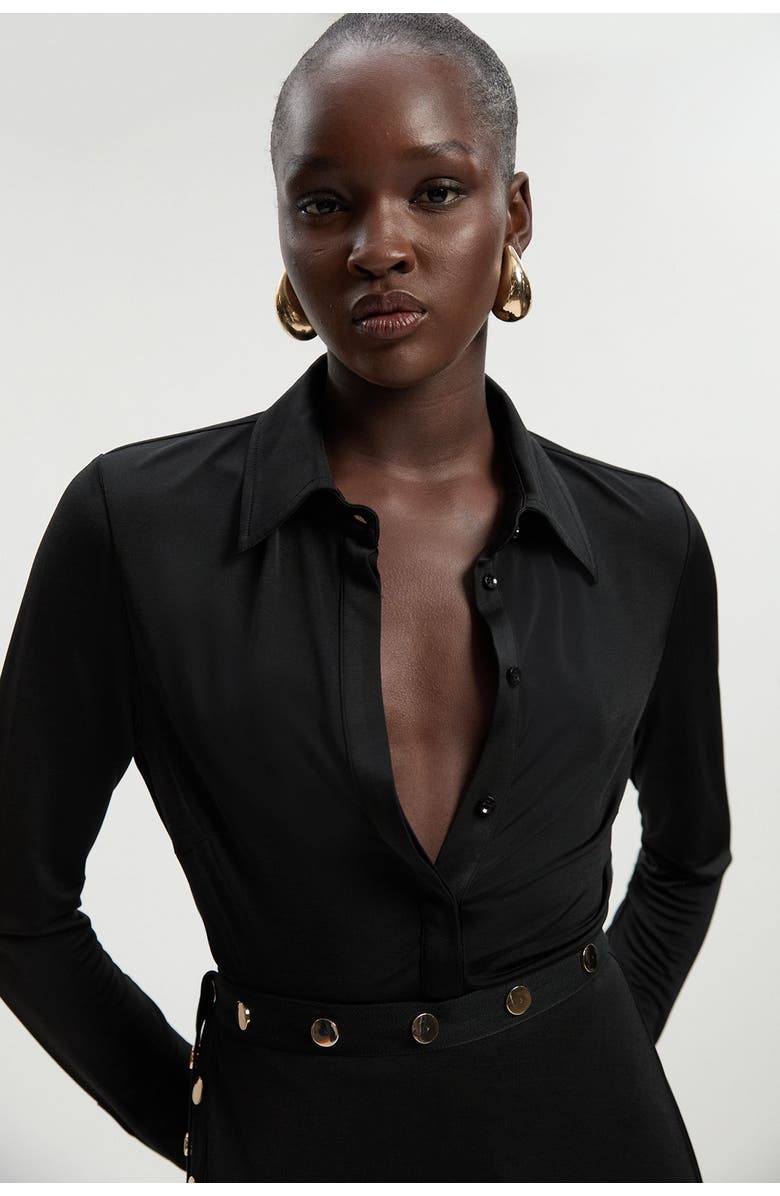 Karen Millen Petite Drapey Crepe Slim Collared Shirt, Alternate, color, Black