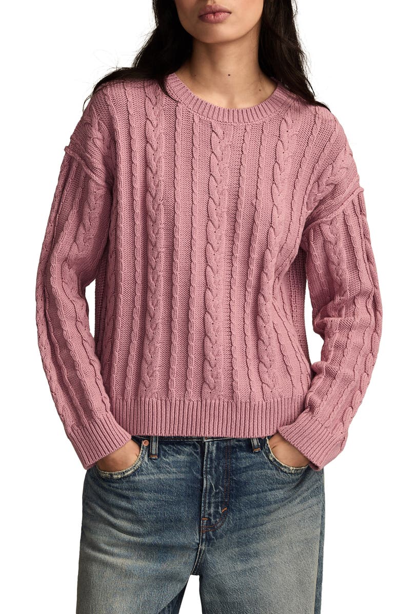 Lucky Brand Cable Stitch Crewneck Cotton Sweater, Main, color, Lilas