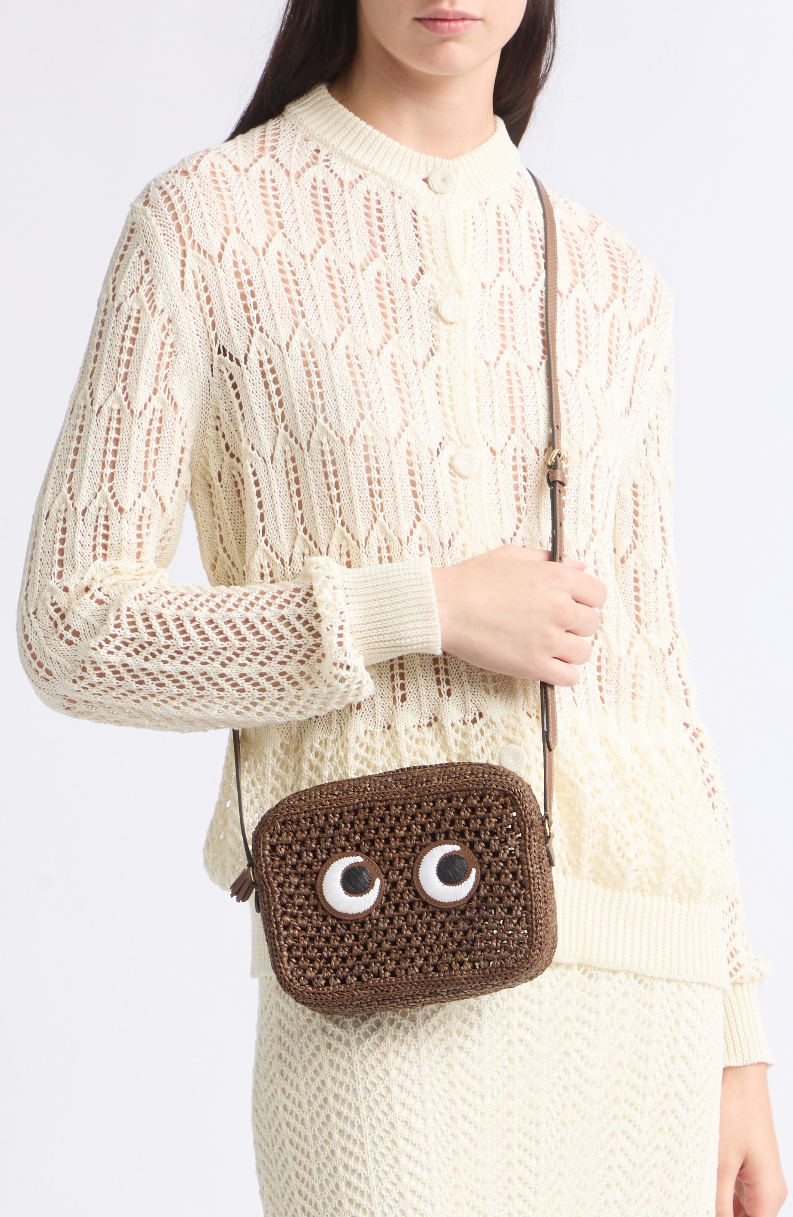 Eyes Raffia Crossbody Bag, Alternate, color, OTTER BROWN