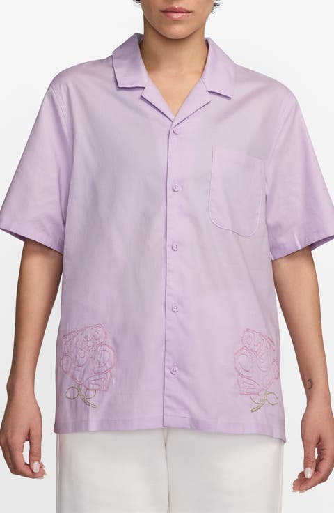 Rose Embroidered Cotton Camp Shirt