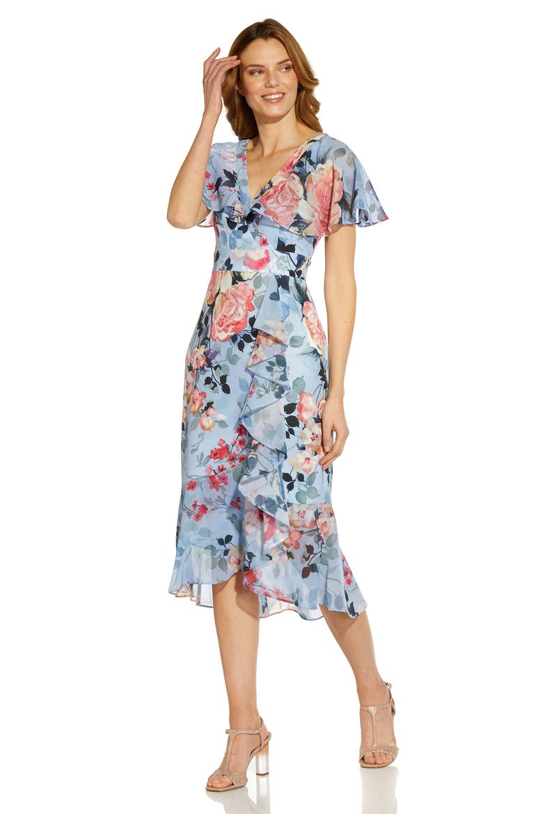 Floral Wrap Front Ruffle Midi Dress, Alternate, color, BLUE MULTI