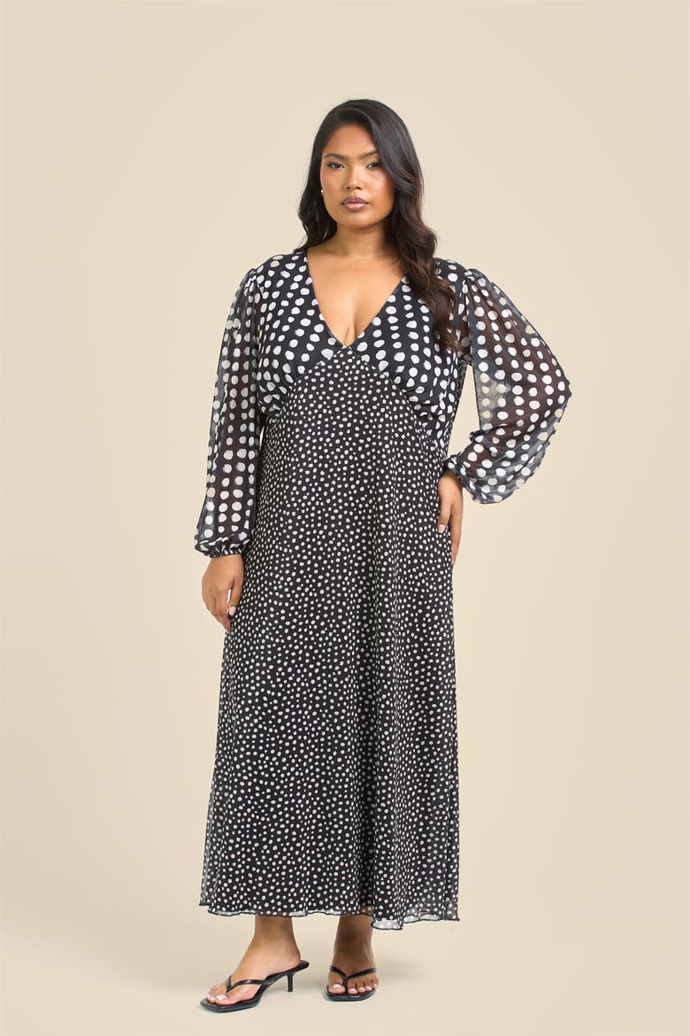 Long Sleeved Polka Dot Midi Dress, Alternate, color, Black