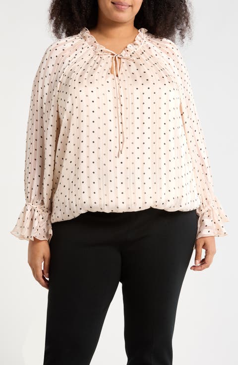 Polka Dot Tie Keyhole Long Sleeve Top (Plus)