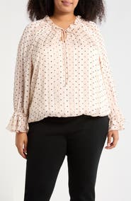 Adrianna Papell Polka Dot Tie Keyhole Long Sleeve Top