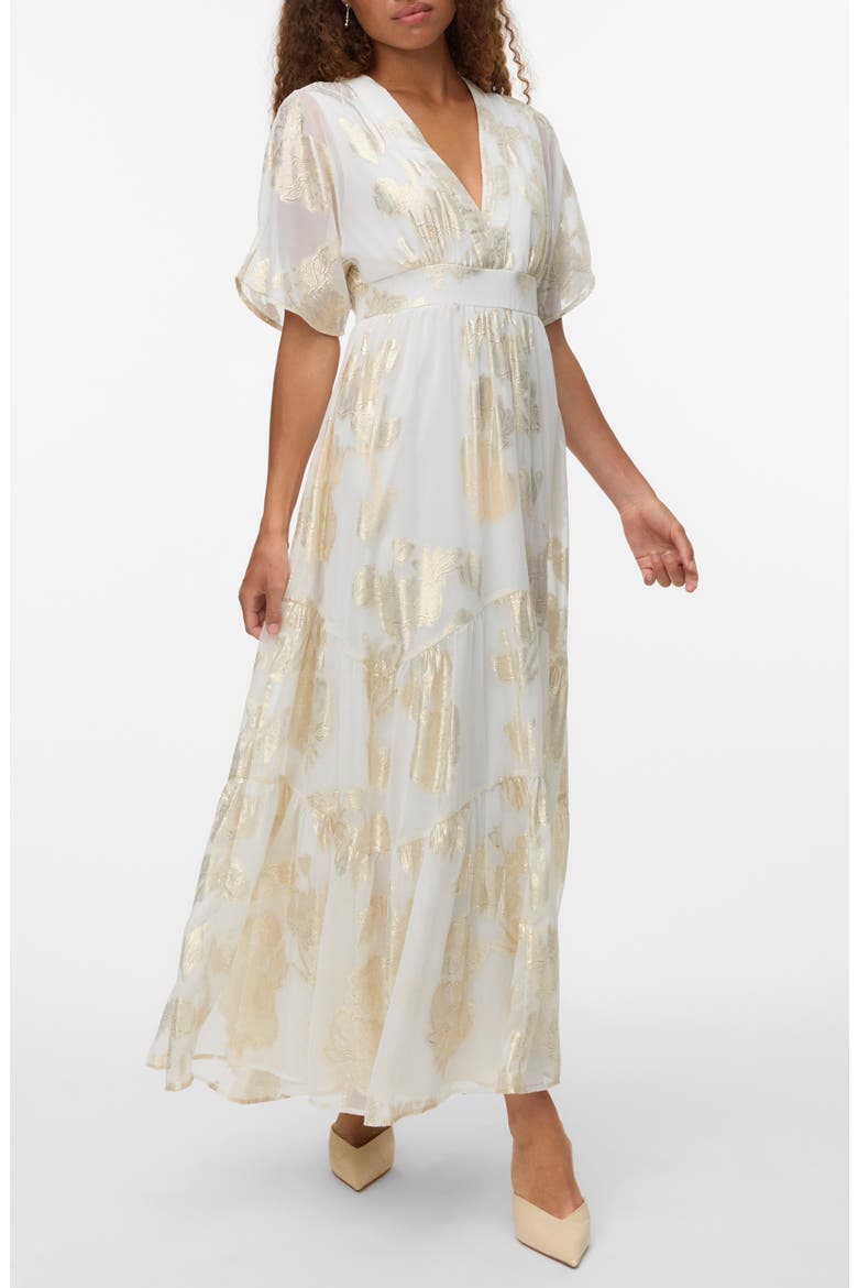 Chili Metallic Ruffle Maxi Dress, Main, color, CLOUD DANCER DETAIL