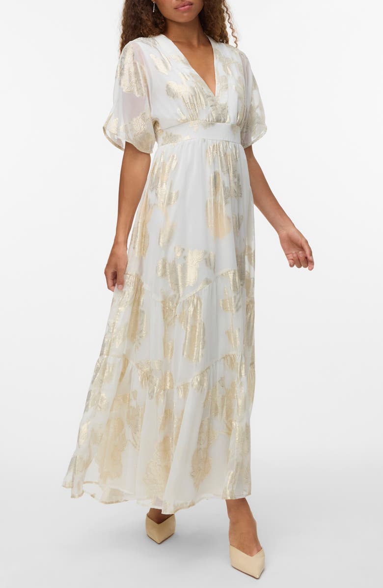 VERO MODA Chili Metallic Ruffle Maxi Dress, Main, color, Cloud Dancer Detail