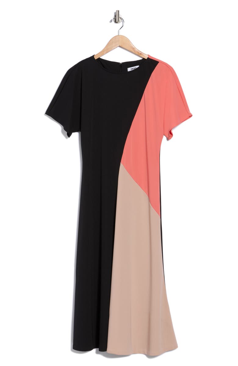 DKNY Colorblock Short Sleeve Midi Dress, Alternate, color, Black/ Coral