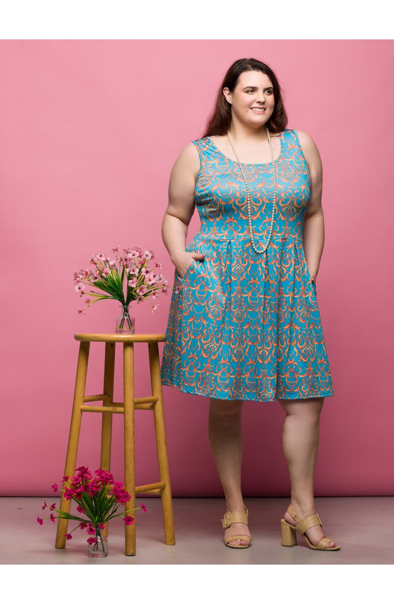 24seven Comfort Apparel Plus Size Sky Blue Abstract Print Sleeveless Pleated Knee Length Pocket Dress, Alternate, color, Blue Multi