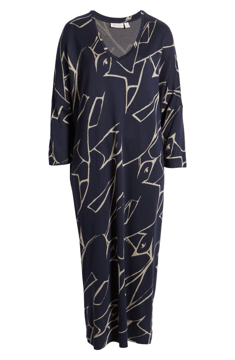 Masai Copenhagen Nyrini Print V-Neck Long Sleeve Midi Dress, Alternate, color, Navy Blazer