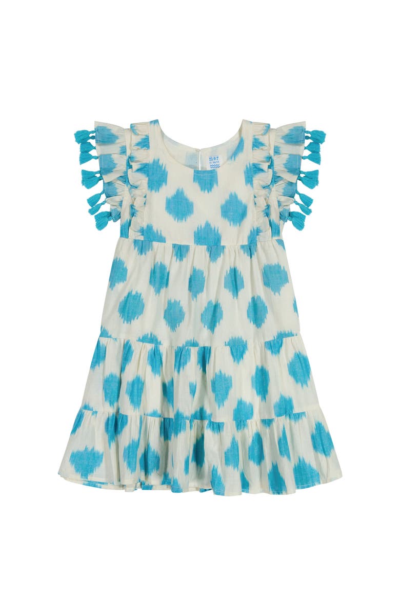 Mer St. Barth Sophie Girl's Tassel Dress Cream Aqua Ikat, Main, color, 