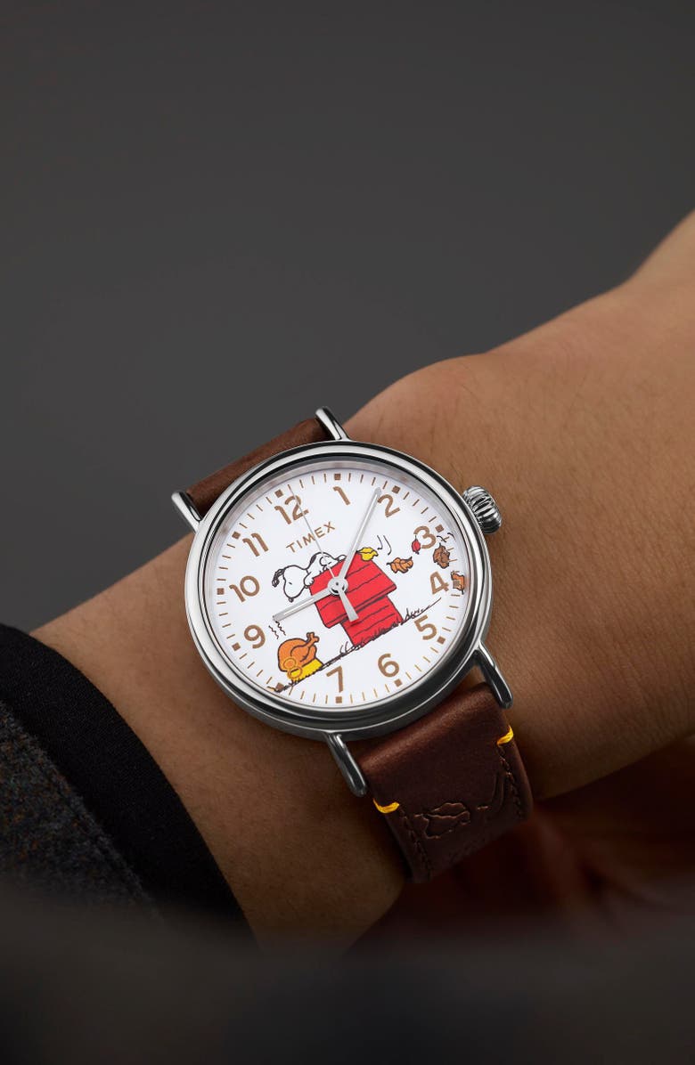 Timex<sup>®</sup> x Peanuts<sup>®</sup> Thanksgiving Standard Leather Strap Watch, 40mm, Alternate, color, White