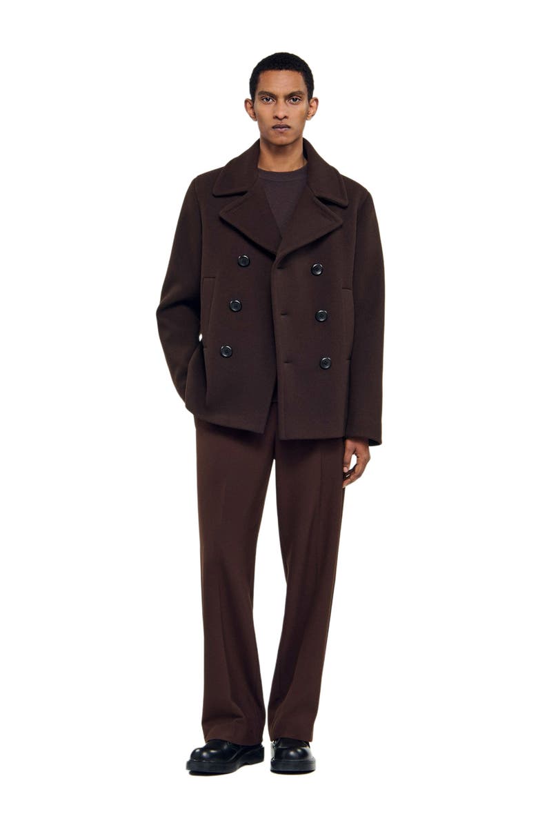 SANDRO Double-breasted wool pea coat, Alternate, color, Chocolate