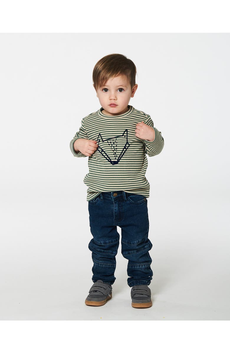 Deux par Deux Little Boy's Super Soft Striped T-Shirt With Print Green And Beige, Alternate, color, 