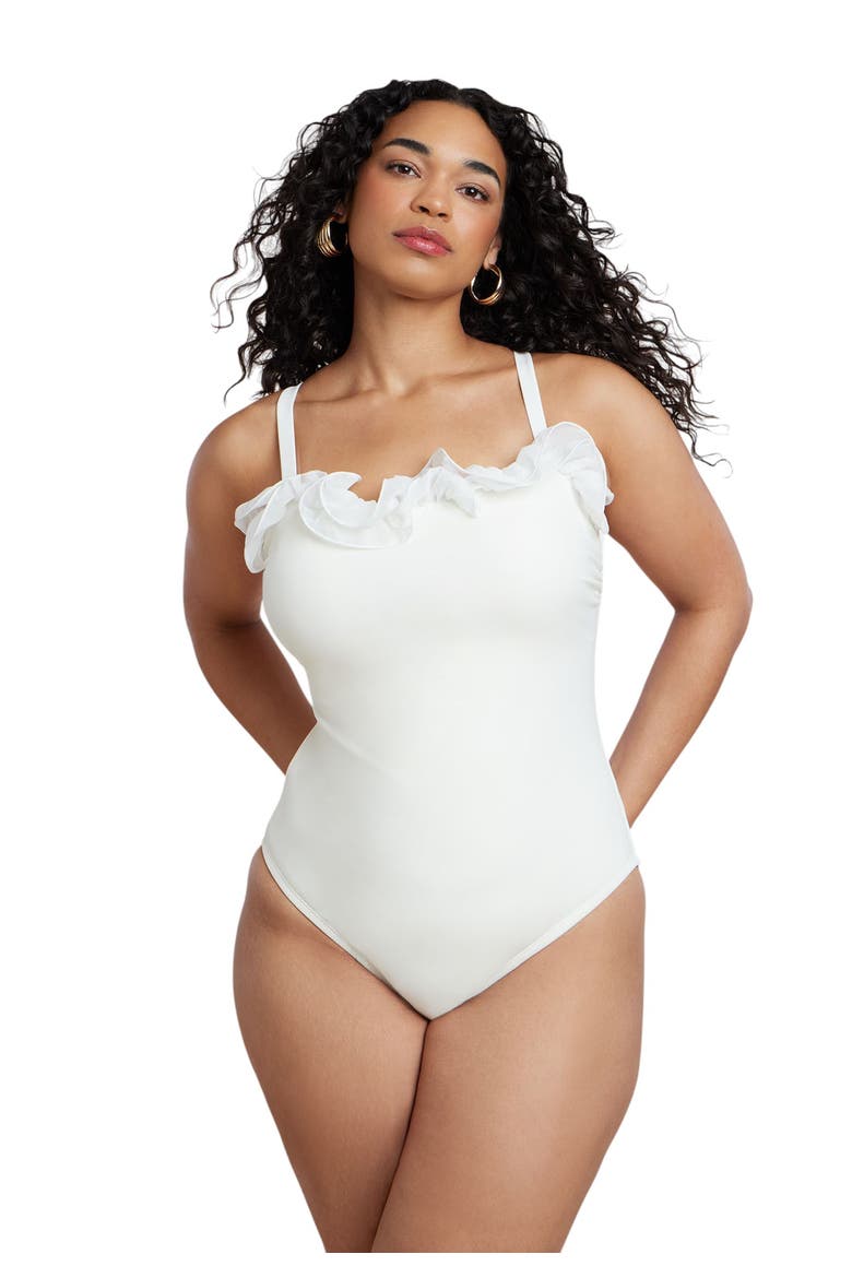 Patbo X Eloquii Ruffle Detail One Piece Swimsuit, Main, color, COCONUT MILK