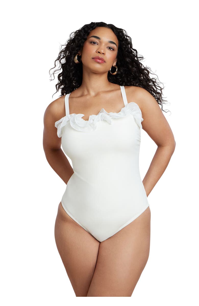ELOQUII Patbo X Eloquii Ruffle Detail One Piece Swimsuit, Main, color, Coconut Milk