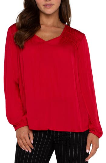 Liverpool Shirred V-neck Top In Red