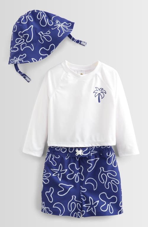 Tucker + Tate Three-piece Hat, Rashguard And Swimsuit Set In Blue Breeze Tropical Palm