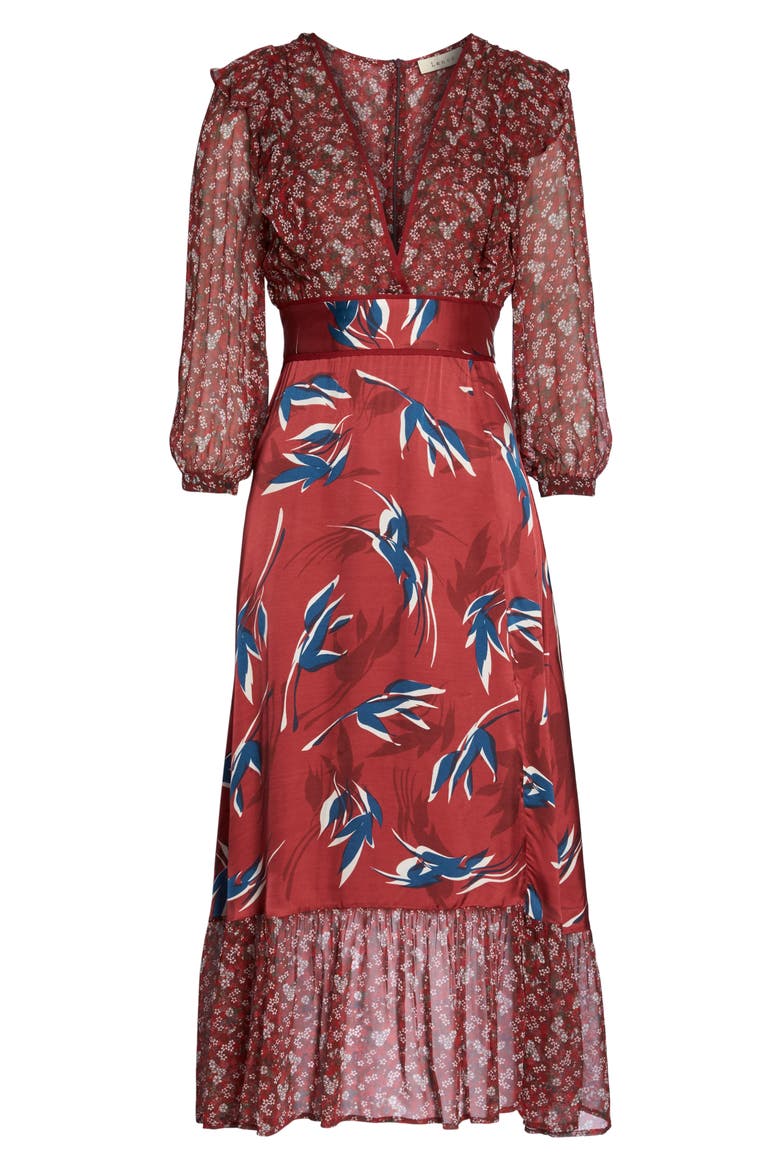 Mixed Print Midi Dress, Alternate, color, RED MULTI