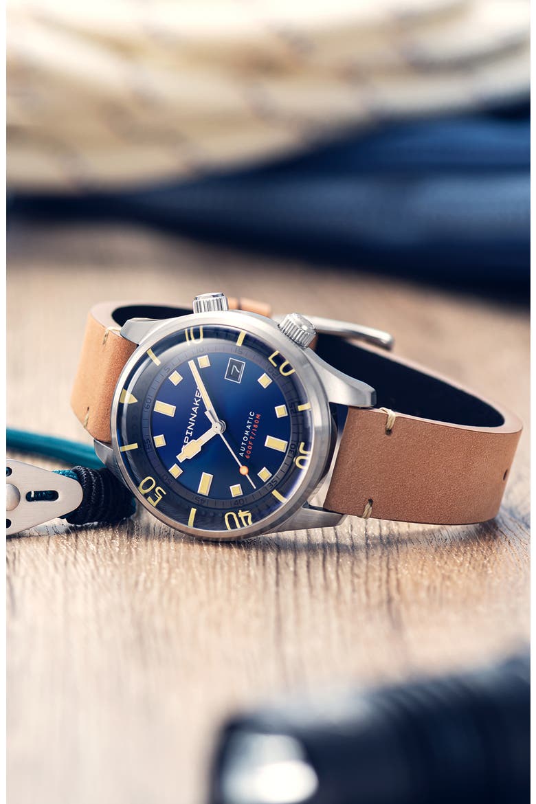 Bradner Automatic Leather Strap Watch, 42mm, Alternate, color, BLUE