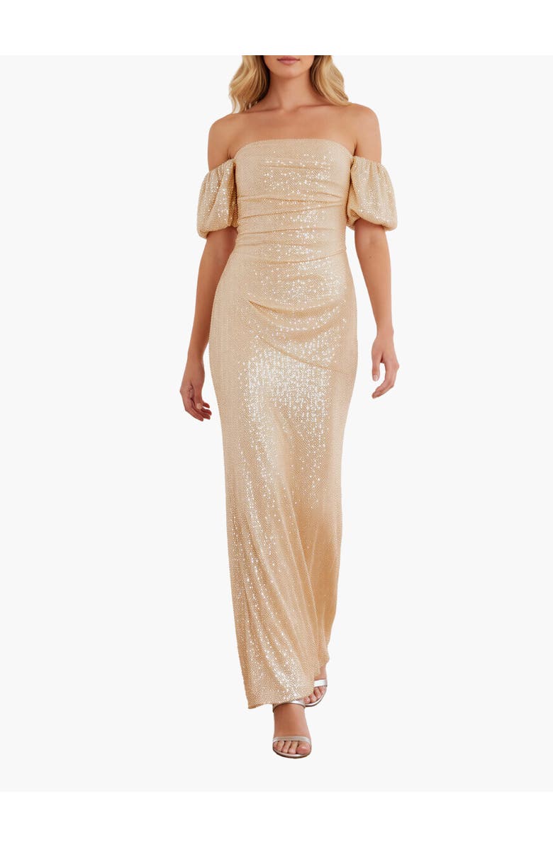 Needle & Thread Sunbeam Valentina Off-Shoulder Gown, Main, color, Antique Gold