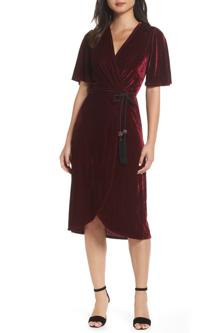 Velvet Faux Wrap Dress, Main, color, WINE