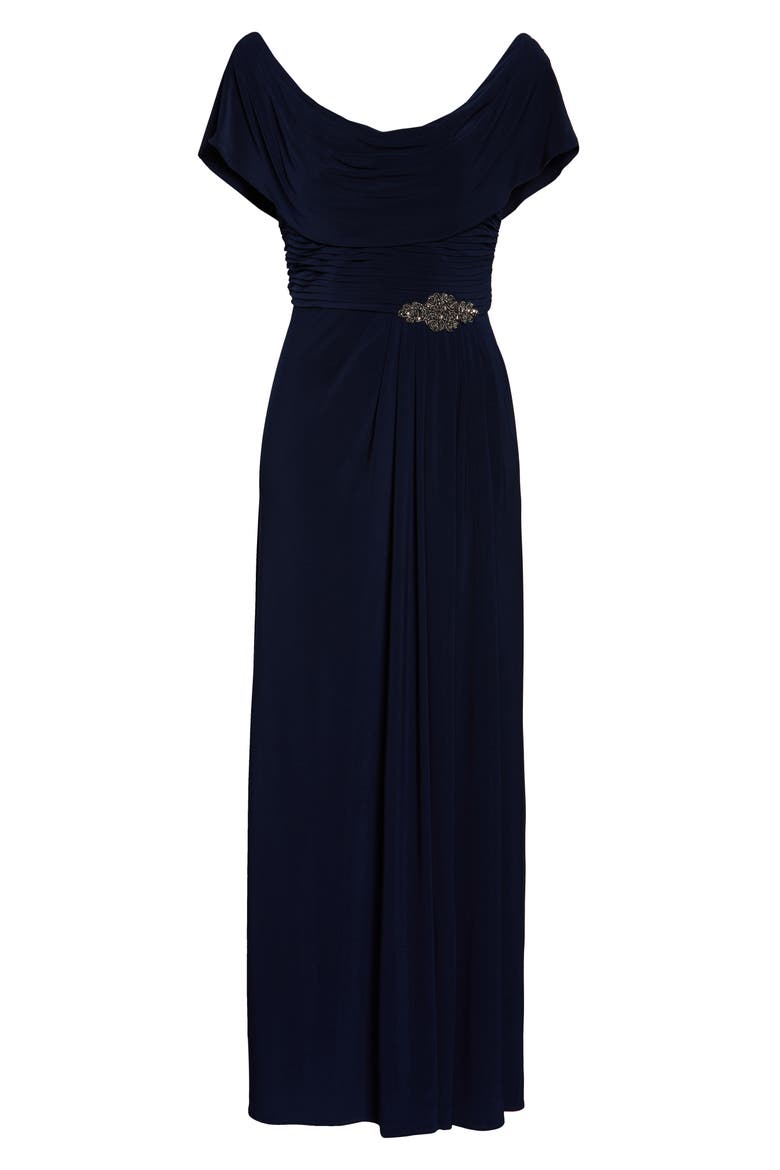 Cowl Neck Beaded Waist Gown, Alternate, color, NAVY