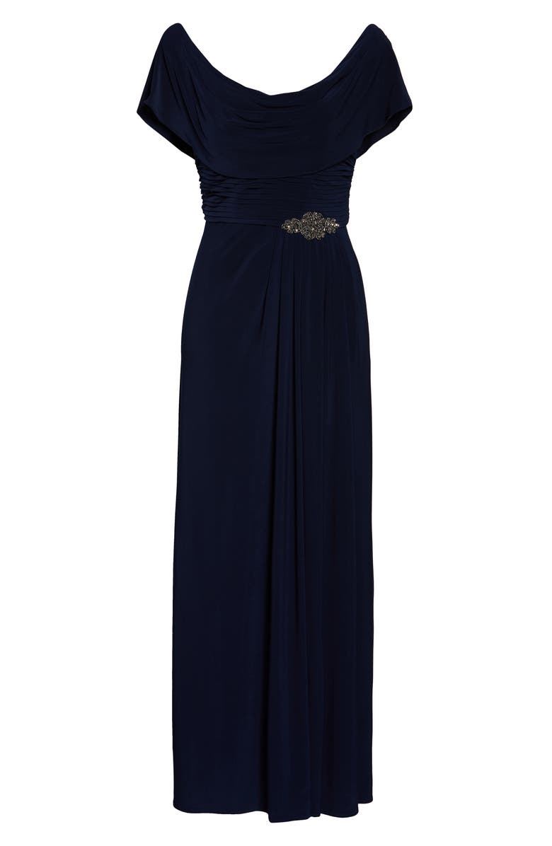 Alex Evenings Cowl Neck Beaded Waist Gown, Alternate, color, Navy