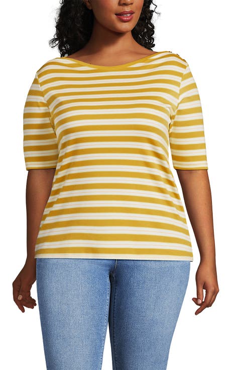 Supima Cotton Elbow Sleeve Boatneck Button Shoulder Tee